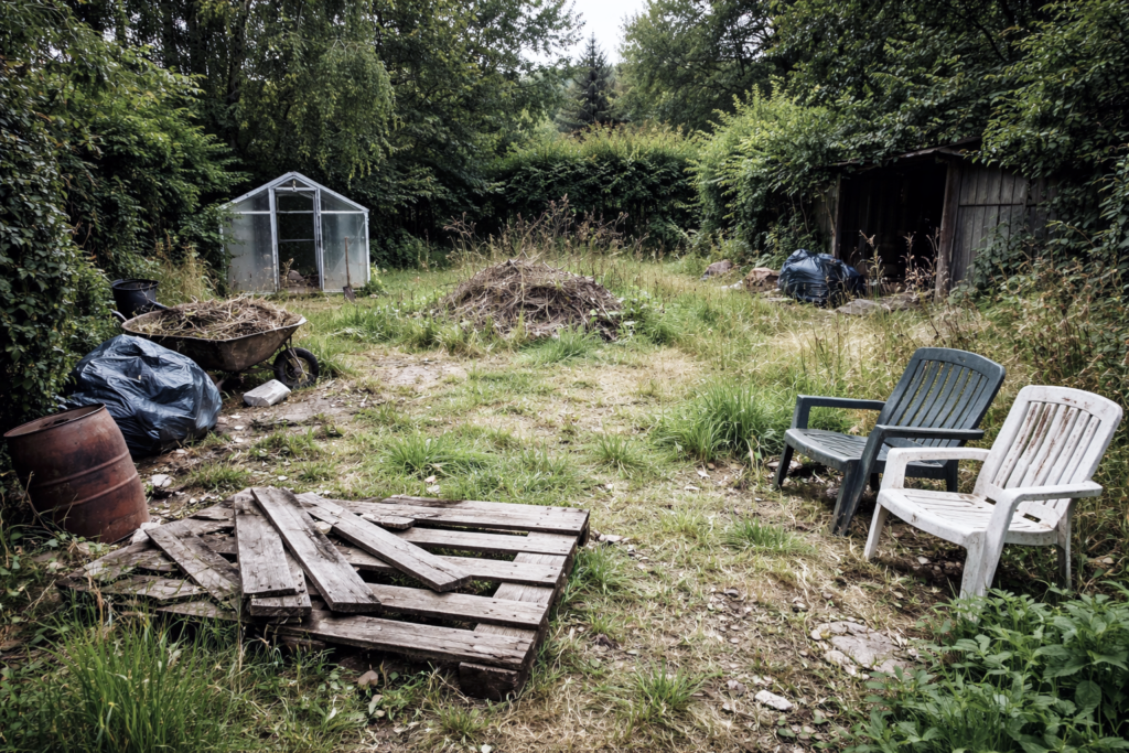 Ein stark unaufgeräumter und verwilderter Garten in Paderborn, der mit alten Gartenmöbeln, Sperrmüll und unkontrolliertem Grünschnitt überfüllt ist und eine professionelle Entrümpelung benötigt.