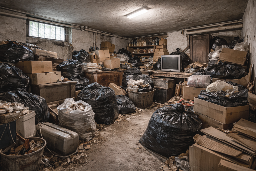 Ein extrem mit Müll, alten Möbeln und Sperrmüll vollgestellter Kellerraum in Paderborn, der eine fachgerechte Kellerräumung und Entsorgung durch einen Profi benötigt.